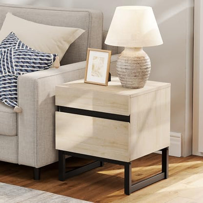 WAMPAT Modern End Table with 2 Drawers, Farmhouse Sofa Table Featuring Black Square Iron Legs, Rustic Wood Side Table for Living Room or Nightstand for Bedroom, Light Oak - color: Light Oak
