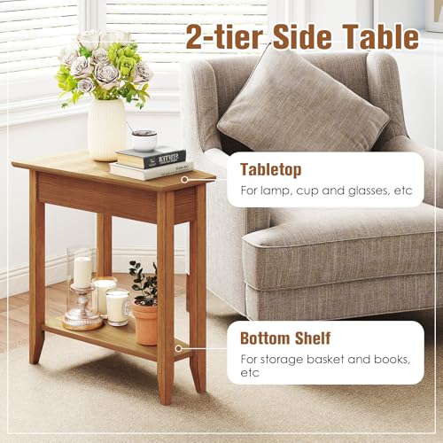 Giantex Wedge End Table, Triangle Side Table with Storage Shelf and Solid Wood Legs, 24.5" Tall Nightstand, Modern Narrow Accent Recliner Table for Small Space Living Room, Walnut - color: Light Walnut