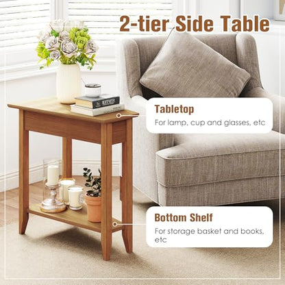 Giantex Wedge End Table, Triangle Side Table with Storage Shelf and Solid Wood Legs, 24.5" Tall Nightstand, Modern Narrow Accent Recliner Table for Small Space Living Room, Walnut - color: Light Walnut