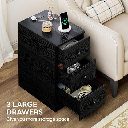 LIKIMIO Nightstand with Charging Station, 3 Drawers Modern for Bedroom - color: Black