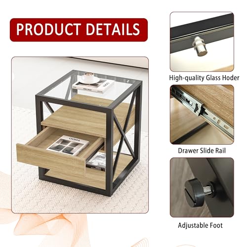 Bellemave 1 piece Small End Table with Drawer, Nightstand for Bedroom & Living Room, Wood MDF &Tempered Glass, Metal Frame, Industrial Style Side Table,Easy Assemble, Natural - style: with drawer
