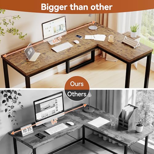 L Shaped Desk 66 Inch Gaming Desk with 1.18 Inch Thicker Desktop, Corner Computer Desk Home Office Desk Study Writing Work Desk Metal Frame, Rustic Brown - size: 66 Inch