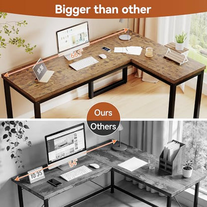 L Shaped Desk 66 Inch Gaming Desk with 1.18 Inch Thicker Desktop, Corner Computer Desk Home Office Desk Study Writing Work Desk Metal Frame, Rustic Brown - size: 66 Inch