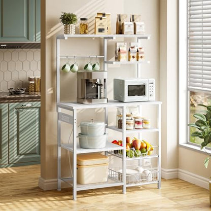 HOOBRO Large Bakers Rack with Power Outlets, 6-Tier Microwave Stand with 4 Hooks, Coffee Bar, Kitchen Shelf with Wire Basket, for Kitchen, Living Room, Office, White WW64UHB01 - color: White