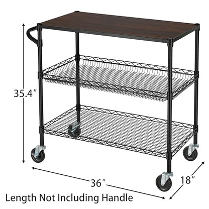 Finnhomy 3 Tier Heavy Duty Commercial Grade Utility Cart with Wood Top, Wire Rolling Cart with Wheels and Handle Bar, Kitchen Carts on Wheels, 18x36x35.4 H Metal Cart with 600 LBS Capacity, Black - style: 36“L Black