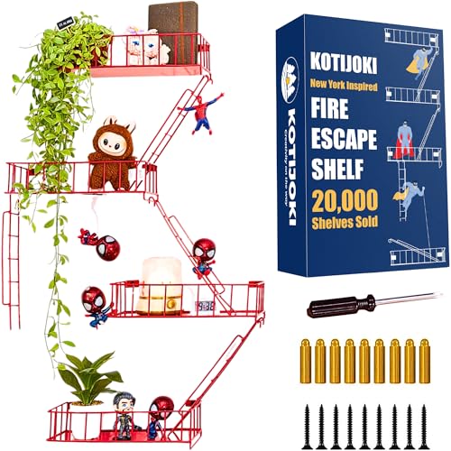 Fire Escape Shelf, 4 Tier Floating Ladder Shelf for Wall Decor & Storage | Red metal wall shelf for bedroom, home & office decor with space-saving storage for plants, photos, collectibles & trinkets.