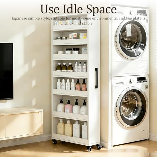 Rolling Spice Rack Next To Side Of Fridge Storage Slim Narrow Shelf Lightweight 7 Tier Wooden Storage Cart For Kitchen , Dining Room, Bathroom, Small Spaces (White, 72.4"H x 9.8"W x 21.6"D) - color: White