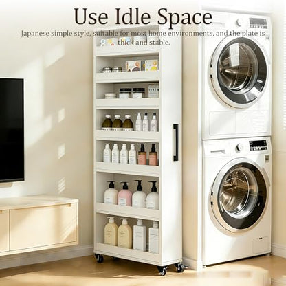 Rolling Spice Rack Next To Side Of Fridge Storage Slim Narrow Shelf Lightweight 7 Tier Wooden Storage Cart For Kitchen , Dining Room, Bathroom, Small Spaces (White, 72.4"H x 9.8"W x 21.6"D) - color: White