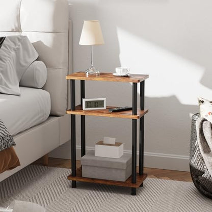 Apicizon Small Narrow Side Table, 3-Tier Skinny End Table for Small Spaces, Slim Nightstand with Storage Shelf, Bedside Table for Living Room, Bedroom, Rustic Brown and Black - color: Rustic Brown and Black, style: Narrow Side Table