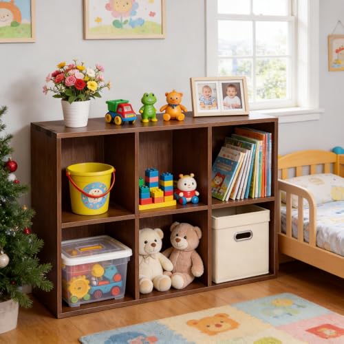 Solid Wood 6-Shelf Bookcase Walnut Bookshelf | Genuine Rubberwood 6-Shelf Bookcase, Walnut Finish, Stackable, 35.4"W x 23.6"H, for Living Room & Office