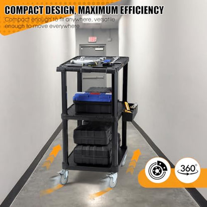 ELAFROS Heavy Duty Utility Cart, 27.5 x 18.25 Inch, 3-Tier Rolling Cart, Industrial Plastic, 330 lbs Capacity, Flat Top Shelves with Swivel Wheels - Multipurpose Work Cart - style: Standard