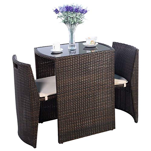 Giantex 3 PCS Cushioned Outdoor Wicker Patio Set Convention Bistro Set Garden Lawn Space Saving Conversation Sofa Furniture No Assembly (Brown) - color: Brown
