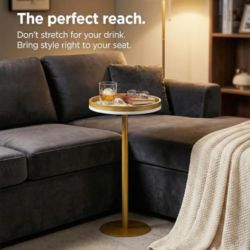Martini Table, Small Round Drink Table with Weighted Base,Modern White & Gold Pedestal End Table with Tray Top Edge for Small Spaces, Living Room, Next to Sofa,24.7 "Tall - color: White + Gold