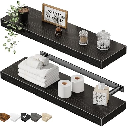QEEIG Floating Shelves for Wall 23.6" Long - Wall Mounted Shelf Bathroom Kitchen Living Room Bedroom Farmhouse Home Decor Display Bookshelf Large 23.6 x 9.3 inch Set of 2, Black (008-60B) - color: B. Black, size: 23.6"