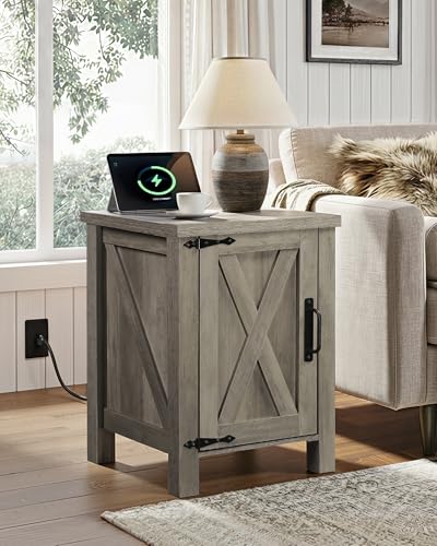 WLIVE Farmhouse Nightstand with Charging Station, End Table with Barn Door and Adjustable Storage Shelf, Rustic Wood Night Stand, 18" Modern Bedside Table for Bedroom, Greige - color: Greige