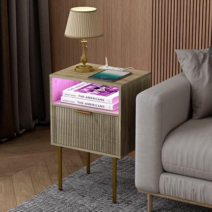 JOONEE Modern Nightstand with Charging Station and LED Lights, White Bedside Table with Drawer, Fluted Side Table for Living Room, Bedroom - color: Grey