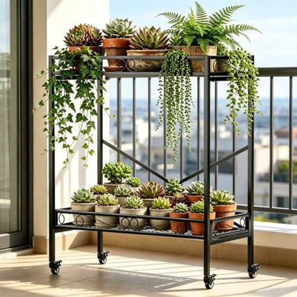 Zhongma 2 Tier Window Height Sturdy Metal Plant Stand with Wheels, 32.7x16x39.4 Inch High, Heavy Duty Succulent Shelf for Home Indoor and Outdoor, 440 LBS Capacity & Heavy Duty Construction - color: 2 Tier 32.7x16x39.4 inch