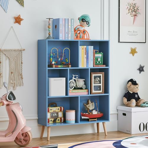 LEYAOYAO Cube Bookshelf 3 Tier Mid-Century Blue Modern Bookcase with Legs,Retro Wood Bookshelves Storage Organizer Shelf,Freestanding Open Book Shelves for Bedroom,Living Room,Office - color: Blue, size: 7 Cube with Legs