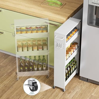 XYZLVSI Slim Storage Cart, Narrow Kitchen Rolling Cart for Small Spaces | 5.9" W skinny storage cart, 12.4" bottom metal utility cart with 360° swivel wheels for bathroom/laundry, slim shelf, white - size: 5.9IN-White