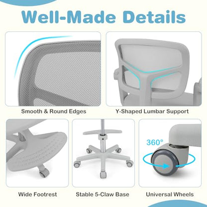 HONEY JOY Kids Desk Chair, Children Study Chair with Adjustable Height/Armrest/Footrest, Swivel Rolling Mesh Task Student Chair, Kids Computer Chair for Teens Girls Boys, Home, School, Office (Grey) - color: Grey