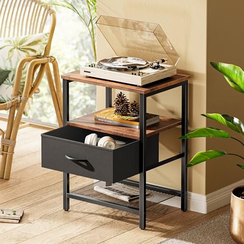 Huuger Nightstand Set of 2, Night Stand with Fabric Drawer, Mesh Shelf, Side Table with Storage, Fabric Drawer Dresser, Open Shelf, Metal Frame, Bedroom, Rustic Brown and Black - color: Rustic Brown and Black
