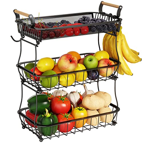 ANTOPY 3 Tier Fruit Basket with 2 Banana Hangers, Countertop Fruit Vegetable Basket Bowl for Kitchen Counter Metal Mesh Basket Fruits Stand Produce Holder Organizer for Onion Potato Bread Snack Veggie - color: Black (3 Tier with Banana Hangers & Mesh Top)