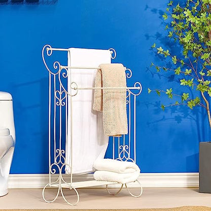 Standing Metal Towel Organizer & Drying Rack with Shelf - Freestanding for Bath, Hand & Wash Towels