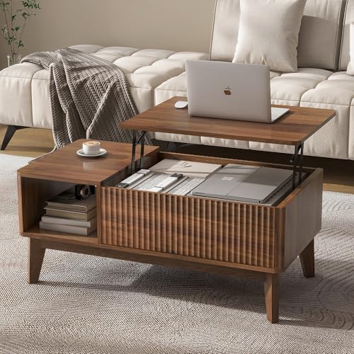 LYNCOHOME Fluted Lift Top Coffee Table with Storage, Modern Coffee Table for Living Room, Home Office（Walnut） - color: Walunt, size: 18.9''D x 37.4''W x 16.2''H