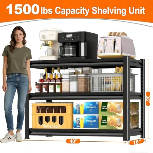 Metal Storage Garage Shelving - 3 Tier 40'' Wide 1500 Lbs Heavy Duty Utility Shelves Freestanding - Adjustable Rack Units for Kitchen Pantry Basement - 40" W x 16" D x 36" H Black - size: 40"Wx16"D-3T