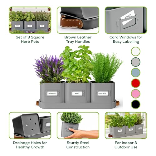 volila Herb Planter Indoor - Set of 3 Grey Indoor Herb Garden Pots for Plants with Leather Handled Tray - Window Sill Plant Shelf - Herb Pots with Drainage Holes and Labels - color: Charcoal Grey