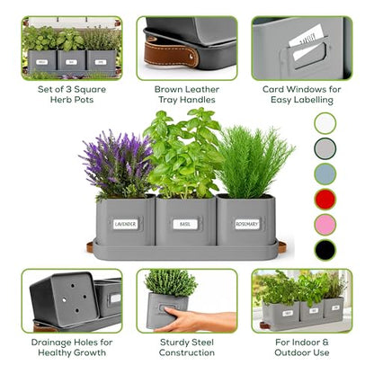 volila Herb Planter Indoor - Set of 3 Grey Indoor Herb Garden Pots for Plants with Leather Handled Tray - Window Sill Plant Shelf - Herb Pots with Drainage Holes and Labels - color: Charcoal Grey