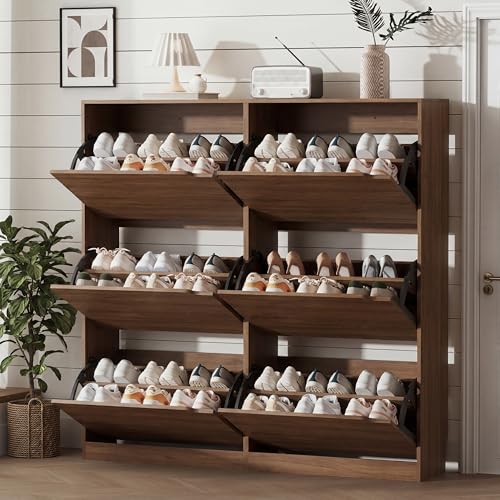 Xixini Shoe Storage Cabinet for Entryway with 6 Flip Drawers, Sturdy Wood Hidden Shoe Storage, Freestanding Narrow Slim Shoe Organizer for Front Door Entrance, Living Room, Hallway, Bedroom, Walnut - color: Walnut, size: 6 Drawers without Rack