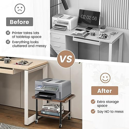 Tangkula 2-Tier Printer Stand, Under Desk Rolling Printer Cart with 2 Storage Shelves, Mobile Machine Stand Printer Tables for Small Spaces - color: Rustic Brown