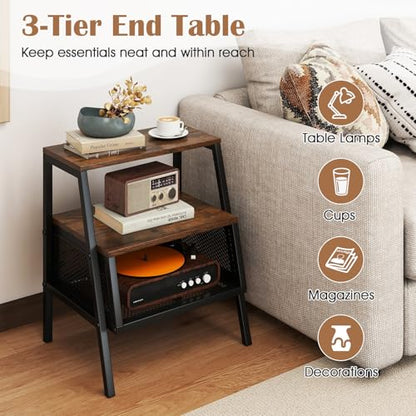 KOMFOTT Industrial Nightstand, 3-Tier End Table with 2 Open Shelves & Metal Mesh Compartment, Bedside Table with Heavy-Duty Metal Frame for Bedroom, Small Spaces, Rustic Brown (1)