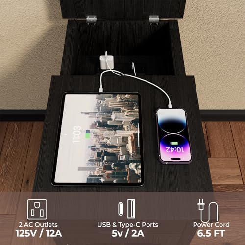 Farmhouse End Table with Charging Station, Narrow Side Table for Living Room, Sofa Side Table with Drawer and Storage Cabinet, Small Nightstand for Bedroom, Home Office - color: Black