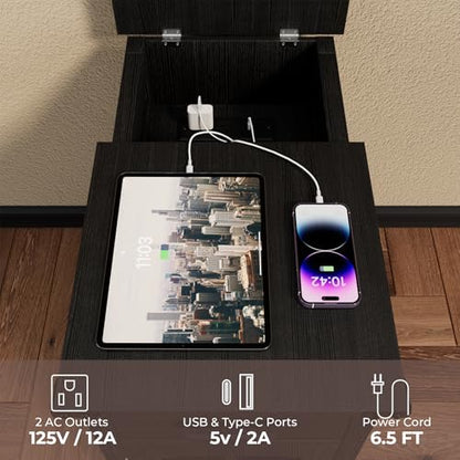 Farmhouse End Table with Charging Station, Narrow Side Table for Living Room, Sofa Side Table with Drawer and Storage Cabinet, Small Nightstand for Bedroom, Home Office - color: Black