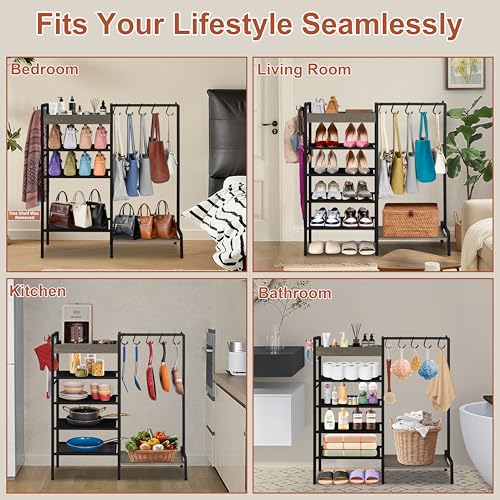 2-in-1 Shoe and Purse Rack, 5-Tier Shoe Rack with Wooden Tray & 7 Hooks, Industrial Metal Shoe Shelf with Removable Shelves for Entryway, Front Door Entrance, Closet, Boot Storage, Black - color: Black With Grey