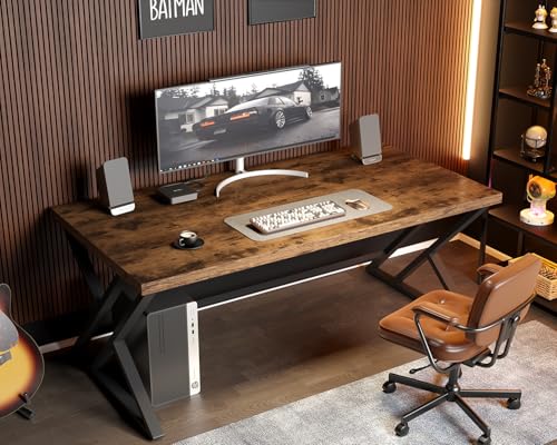 LVB Rustic Wood Computer Desk, Metal Home Executive Office Desk, Industrial Large Gaming Writing Desk, Wooden Student Study Computer Table for Bedroom Living Room, Rustic Brown, 60 Inch - color: Rustic Brown, size: 60 inch