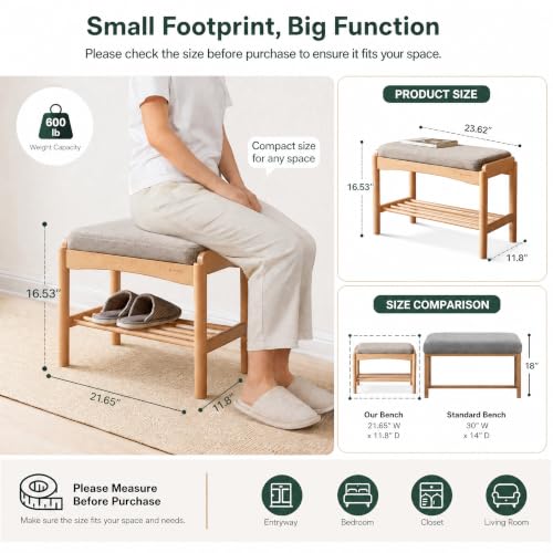 Oak Wood Shoe Bench, 24 Inch Entryway Bench with Gray Cushion | Natural oak finish with soft gray cushion creates a versatile seating solution for entryways and small spaces. - color: Natural + Gray Cushion, size: 23.62"