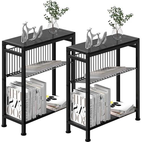 Side Table for Small Spaces, Set of 2 Narrow End Table with Magazine Holder, 2 in 1 Design Slim Side Table, Skinny Nightstand for Living Room Bedroom, Thin Side Magazine Table, Black - color: Black, size: 2-pcs