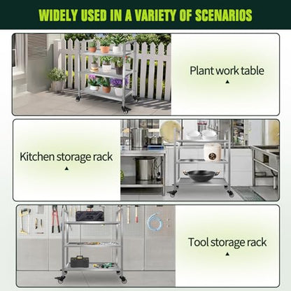 3 Shelf Stainless Steel Cart, 400 Lbs, 1MM Thick, Serving Cart with Wheels, Household, Service Trolley, 360°Rotation Storage Shelf with Locking Wheels