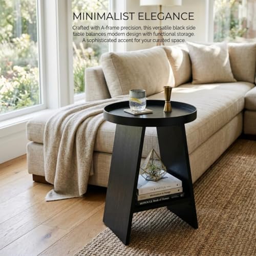 Round End Table with 17.7 inch Tray Top, 2-Tier Side Table with Storage Shelf, Modern Farmhouse Industrial Wood Nightstand for Living Room, Bedroom, Small Spaces (Black) - color: Black