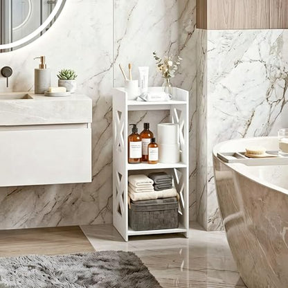 3-Tier Narrow Corner Bathroom Floor Stand, Waterproof PVC, White | Storage Shelf, Rack, Holder, Fits Tight Spaces, for Toilet Side, Laundry, Shower, Kitchen Spice Rack, Easy to Clean, 26”H - size: 3 Tier