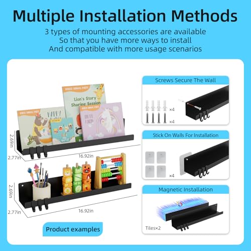 17 Inch Black Metal Magnetic Floating Shelves, Book Shelf 2-Pack | Strong magnetic shelf holds 14.33 lbs. Fits whiteboards, fridges, steel. Reusable, no drill. Great for classrooms.