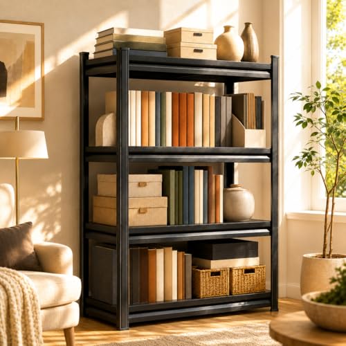 4 Tier Metal Bookshelf, Adjustable Tall Bookcase, Heavy Duty 2400 LBS Modern Deep Book Shelf, Bolt-Free Storage Shelves for Living Room, Home Office, Garage, 14" Wx 12" Dx 44" H - size: 4Tier-14"Wx 12"Dx 44"H