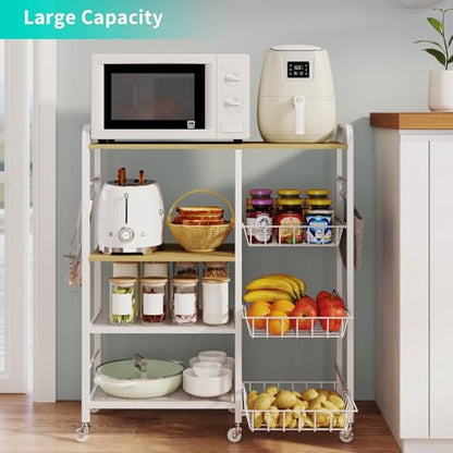 HapiRm Rolling Kitchen Microwave Cart - 4 Tier Microwave Table Stand with Pull-Out Baskets, Coffee Bar Baker's Rack with Wheels Rolling Storage Cart Organizer Shelf for Living Room Office, Balcony - color: White