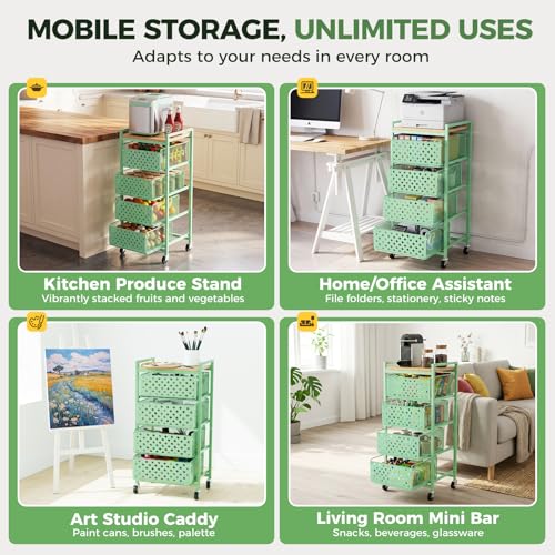 5 Tier Kitchen Storage Cart with Wheels, Utility Fruit Vegetable Storage Rack Stand with Pull-Out Baskets & Wood Top, Metal 4-Drawers Rolling Snack Cart, Kitchen Cart for Potato Onion(Green) - color: Green