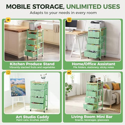 5 Tier Kitchen Storage Cart with Wheels, Utility Fruit Vegetable Storage Rack Stand with Pull-Out Baskets & Wood Top, Metal 4-Drawers Rolling Snack Cart, Kitchen Cart for Potato Onion(Green) - color: Green