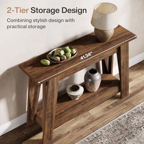 Tribesigns 41.3" Farmhouse Console Table, 2-Tier Wooden Entryway Table with Storage, Rustic Narrow Behind Couch for Living Room, Hallway, Foyer,Brown - color: Brown