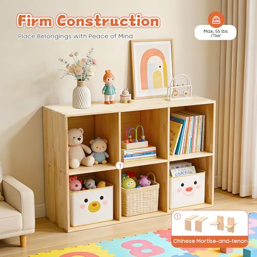 6-Cube Solid Wood Bookshelf, 3-Tier Storage Organizer Semi-Open Floor Display Shelf Closet Cabinet for Home Office Library School, 12" D x 35" W x 24" H - size: 6-Cube